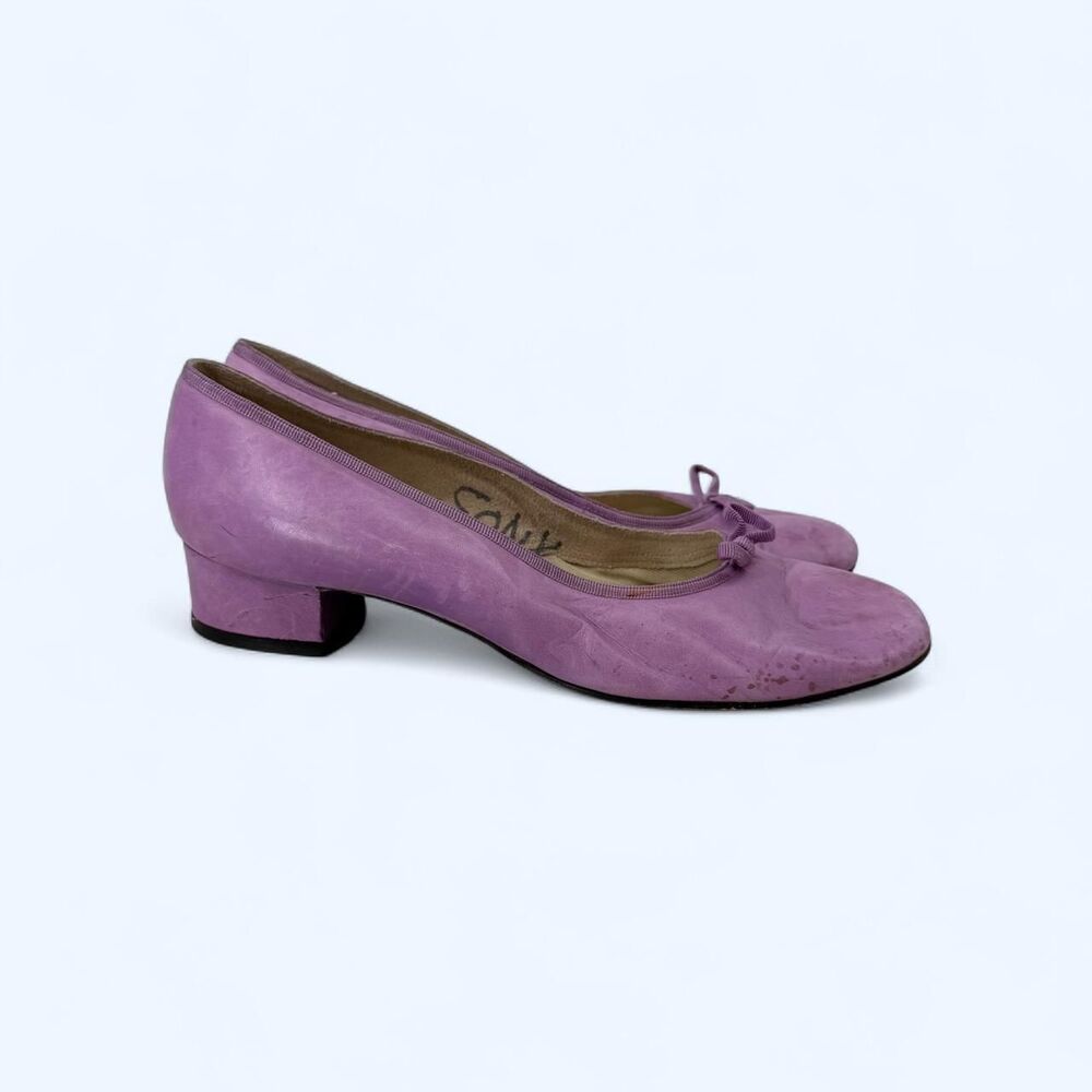 Lavender Purple Genuine Leather Round Toe Bow Block Heel Pumps c. 1955